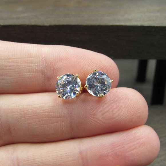 Sterling Silver Medium Size Clear CZ Gold Plated Stud Earrings Vintage - Picture 2 of 7